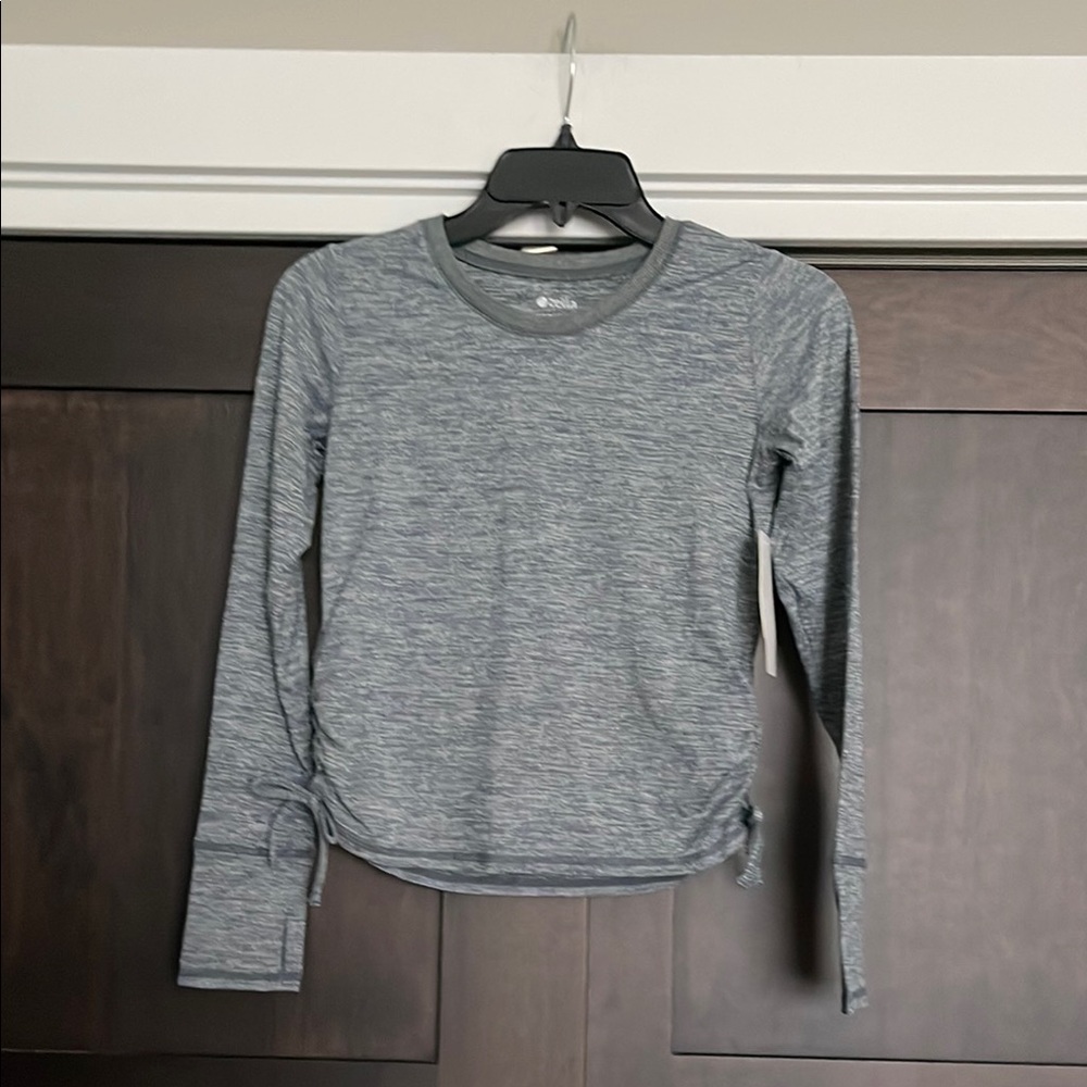 Zella Girl Ruched Side Tie Long Sleeve Performance Shirt Blue Slate Medium 8/10